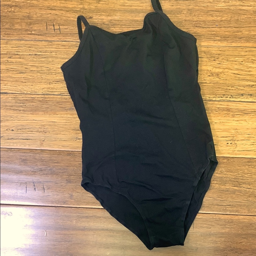 Black "Iefiel”brand dance leotard with a criss-cross back design.